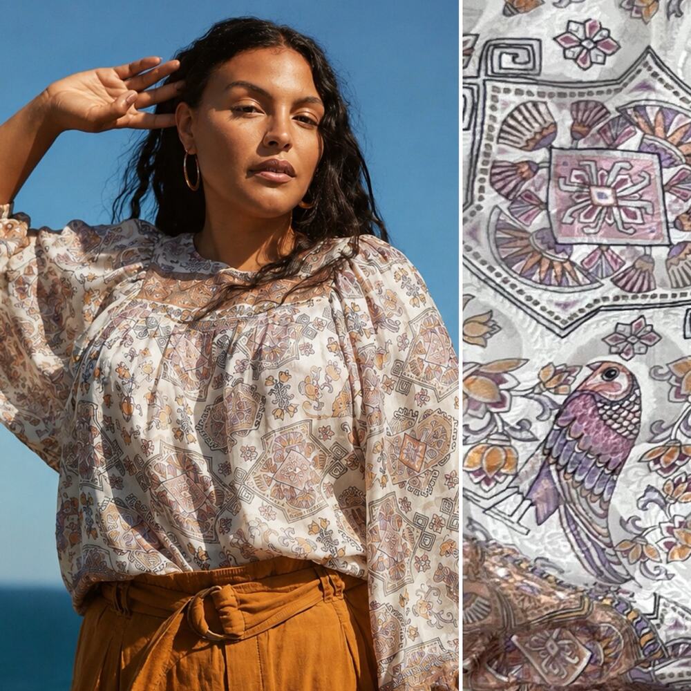 Anthropologie A+ Silk Boho Peasant Blouse 1X Balloon Sleeve Festival Top